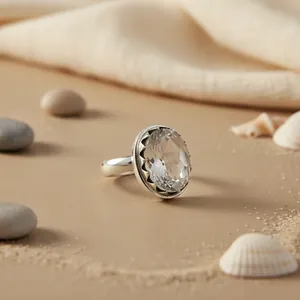 Anillo de cóctel de plata 925 con cristal de corte ovalado y engaste de bisel, estilo vintage facetado, joyería llamativa para mujer de todas las religiones, de Art Palace - Product Image 1