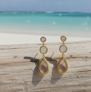 ต่างหูห้อยประดับพลอยสีชมพูชุบทอง 18K เงินแท้ 925 รูปทรงกลมและทรงหยดน้ำ ของขวัญสำหรับเธอ - Product Image 3