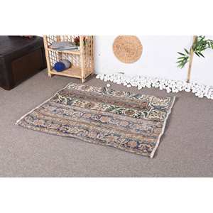 Tapis Turc Vintage Classique Bleu et Beige Patchwork Design 3.3X4 pieds Tissage Plat Laine Jute pour Salon Style Boho - Product Image 3