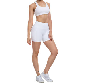 Pantalones cortos de Yoga de cintura alta para mujer con bolsillos laterales Diseño de cintura en V Pantalones de fitness para levantamiento de cadera para correr Deportes Patrón sólido - Product Image 4