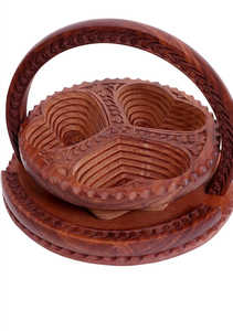 Sculpteur sur bois Panier à ressort en bois pliable fait à la main Organisateur de fruits secs à 4 récipients avec poignée, sculpture traditionnelle en bois - Product Image 5