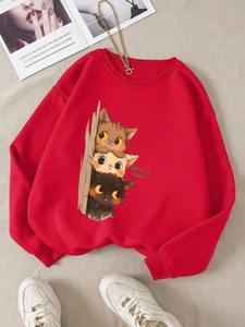 เสื้อฮู้ดผู้หญิงลายแมวน้อยสามตัวแอบดูคุณพิมพ์ลายเสื้อสวมหัวแนวสตรีททรงหลวมเสื้อผ้าฤดูหนาวแบบสปอร์ต - Product Image 3