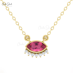 Collar de oro macizo de 14K para mujer, CT 0,35, turmalina rosa, corte de 1,20mm, Juego de puntas de diamante Natural para compromiso, fiesta de boda - Product Image 1