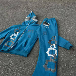 Ensemble de sweat-shirts en coton lourd pour hommes, sweat-shirt ample et court, logo imprimé à l'écran, coupe régulière, pantalon évasé, ensemble de survêtement deux pièces - Product Image 1