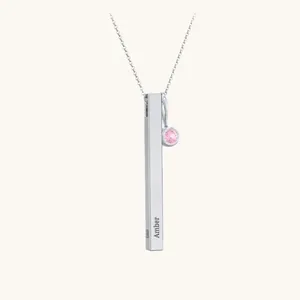 Custom Stainless Steel Personalized Engravable Rectangle Vertical 3D Bar Pendant And Birthstone Charm Necklace Jewelry