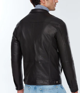 Veste décontractée d'hiver à col montant en cuir de mouton noir et toile 100% pour hommes - Product Image 6