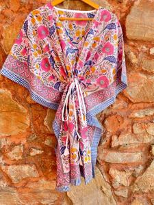 ชุดคลุมอาบน้ำแบบ caftan สั้นผ้าฝ้ายทำมือพิมพ์ลายใบไม้กุหลาบชุดคลุมเอวธรรมชาติชุดนอนชายหาดซักได้ - Product Image 5