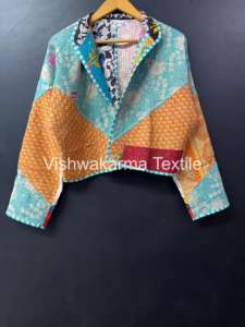 Veste courte en coton matelassé Kantha réversible pour femmes, patchwork, fabrication artisanale indienne, écologique, automne-hiver, style vintage, vêtements d'hiver - Product Image 3