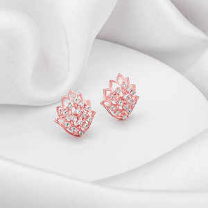Elegant Rose Gold <b>Lotus</b> Radiance Stud Earrings Featuring Religious Geometric Diamond and <b>Pearl</b> Style - Product Image 5