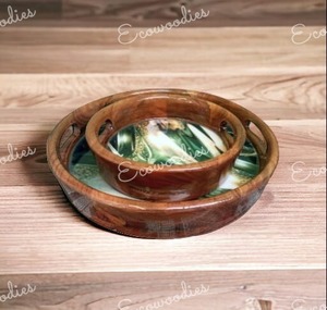 Premium Design Rounded <b>Wooden</b> Serving Tray Bamboo Handles Set of 2 for Home Kitchen Bar or Restaurant Brown - Product Image 4