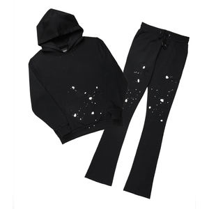 Sweat à capuche noir et pantalons de survêtement hommes survêtement ensemble décontracté Streetwear peinture éclaboussures imprimé deux pièces tenue confortable tous les jours - Product Image 1