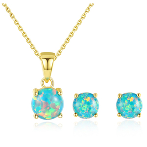 Magnifique ensemble collier et boucles d'oreilles plaqué or minimaliste, serti griffe de luxe, pierre d'opale verte 5 mm, pour femme, soirée et usage quotidien - Product Image 1