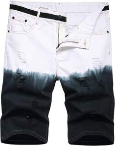 Short d'été en jean imprimé taille haute pour hommes coupe régulière avec bouton fermeture à glissière jean en coton délavé foncé - Product Image 1