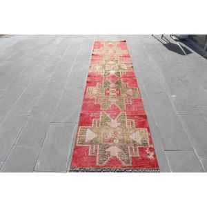 Turkish Vintage <b>Runner</b> Rug 2.6x11.7 ft, <b>Red</b> Green Solid Rug - Product Image 1