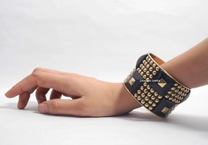 Embellished Lightweight Carved Black Resin Bangle Pyramidal Beads Golden Brass Studs Fashion <b>Bracelet</b> Women's Casual Party Wear - Product Image 3