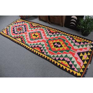 Alfombra Turca Vintage de 3x8.5 pies (90x259 cm), Alfombra Herki con Bordes Rojos y Verdes - Product Image 4