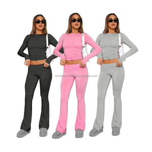 Conjunto de ropa informal de diseño personalizado para mujer, pantalones acampanados plegados y parte inferior activa superior holgada de manga larga con logotipo de marca - Product Image 1