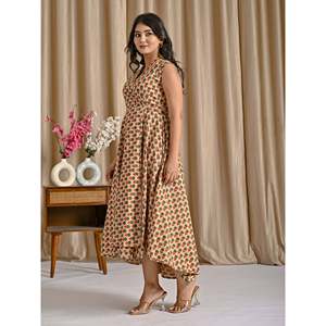 เดรสลำลองผ้าฝ้ายพิมพ์ลายสีเบจเขียวทรงไฮโลว์ ระบายอากาศได้ดี ไซส์ XS ถึงฟรีไซส์ เหมาะสำหรับใส่ไปเที่ยวคลับหรือวันสบายๆ รับผลิตแบบ ODM ปรับแต่งได้ - Product Image 5