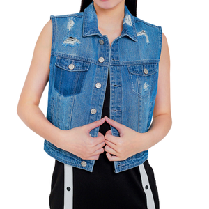 Gilet en jean pour filles, veste sans manches, écologique, respirant, élégant, délavé, bleu foncé, veste décontractée, superposition de vêtements - Product Image 1