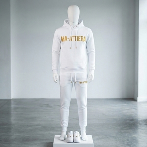 <b>Men's</b> White Hoodie Tracksuit Set Gold Embroidered <b>Pullover</b> Sweatshirt Jogger Pants Sportswear Training Gym Fitness Activewear XL - Product Image 1