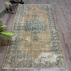 3.5x6.6 ft Turkish Rug, Vintage Accent Rug, <b>Brown</b> Check <b>Wool</b> Rug - Product Image 1