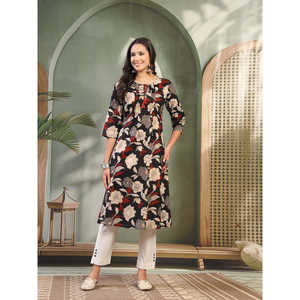 Kurta Recta de Algodón Puro para Mujer, Cuello Redondo, Largo hasta la Pantorrilla, Estampado Negro, Estilo Modesto - Product Image 1