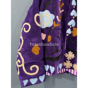 Purple Velvet Floral Embroidery Women's Short <b>Jacket</b> Coat Autumn Winter <b>Hippie</b> Style Suzani Fabric Cotton Lining Knitted - Product Image 3