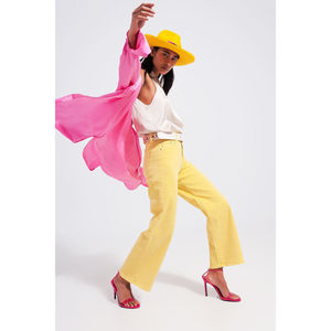 Jean large jaune soleil taille haute avec ceinture décorative en denim respirant teint uni coupe ample 2XL XL pour l'été et l'hiver - Product Image 4