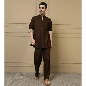 Deebaco <b>Men's</b> Solid Brown Cotton Co-Ord Set Full Sleeve Mandarin Collar Casual Kurta With Pajama Summer Daily Wear 2 Piece Set - Product Image 6