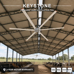 พัดลมเพดานขนาดใหญ่ Keystone Low Maintenance HVLS อุปกรณ์ทำความเย็นปริมาณลมสูง สำหรับโรงเรือนเลี้ยงโคแบบหลายกลุ่ม - Product Image 1