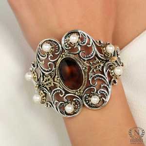 925 Sterling <b>Silver</b> Antique Byzantine <b>Cuff</b> <b>Bracelet</b> with Pearl and Tiger Eye Stone Fashionable and Elegant - Product Image 4