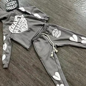 Chándal desgastado con estampado de manga bordada delantera y trasera, forro interior de lana, capucha acoplable, chándal para hombre - Product Image 6