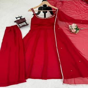 Traditional Yet Trendy 3-Piece <b>Set</b> <b>Mirror</b> Handwork on Faux Georgette, Lined Plazo & Four-Side Lace Dupatta - Product Image 3