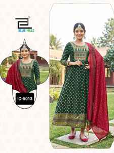 Traje de Anarkali de rayón pesado con bordado y trabajo de impresión con estampado de Chanderi pesado Dupatta - Product Image 2