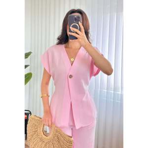 Ensemble deux pièces en lin rose à ceinture, boutonnage simple - Vente en gros - Product Image 3