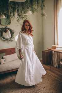 White <b>Boho</b> Maxi <b>Dress</b> with Bell Sleeves <b>Summer</b> Linen Wrap <b>Dress</b> Big Size and Plus Size Options Woven Weaving Method - Product Image 2