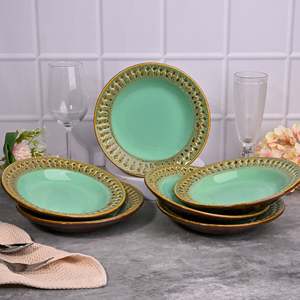 Ensemble de 6 assiettes à collation en céramique Aqua de luxe moderne, 7,5 pouces, ovales, motif personnalisable, pour les fêtes, la restauration, la vaisselle des hôtels - Product Image 1