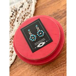 Tricia Leekity Kingman Ethnic Style Turquoise & Sterling <b>Silver</b> Drop <b>Earrings</b> Floral Pattern Flower Design for Gift - Product Image 4