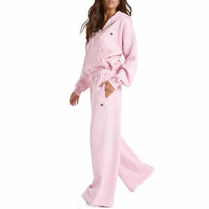 Women Pink <b>Cropped</b> <b>Zip</b> <b>Hoodie</b> and Wide Leg Sweatpants Set Cotton Fleece Relaxed Fit Custom Logo Wholesale Supply - Product Image 1