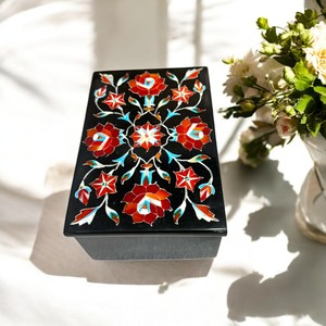 Luxury Black Marble Carnelian Stone <b>Box</b> <b>Floral</b> Design Handcrafted Art Luxury Storage Gifts - Product Image 2
