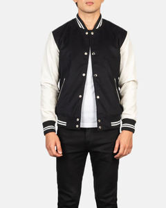 Veste universitaire pour homme de qualité supérieure, noire et blanche, avec un corps en laine douce, des manches contrastées claires et des bordures côtelées rayées - Product Image 3