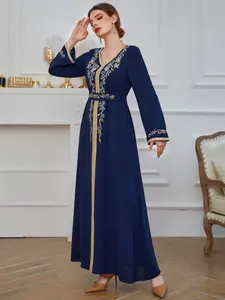 Customized Women's Polyester Fit Flare Long Sleeve Maxi <b>Dress</b> Floral Embroidered Muslim <b>Dress</b> Belt Floor-Length Woven Decoration - Product Image 4