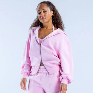 Meilleure vente Rose clair femmes goutte épaule raviver sweat à capuche zippé Anti-rides respirant hiver 100% coton blanc haute rue - Product Image 1