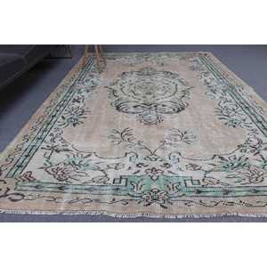 พรมตุรกี ขนาด 6.3x8.9 ฟุต สีน้ำตาลเขียว ลายดอกไม้ ทำจากขนสัตว์ วินเทจ - Product Image 2