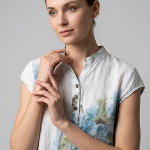 เสื้อคลุมแขนสั้นลายดอกไม้ คอแบบตูนิเซีย ผ้าลินิน 100% - Product Image 3