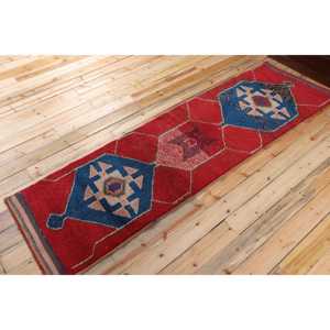 Vintage Turkish Rug 2.6x9.9 ft (80x302 cm), Herki <b>Red</b> <b>Wool</b> Rug - Product Image 2