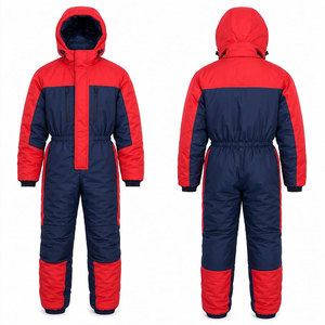 <b>Boys</b> Red Navy Color Blocking Winter Snowsuit Full Length Hooded Waterproof Sporty Tracksuit With Side Pockets - Product Image 1