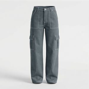 Jeans droits taille haute pour femmes pour le printemps, l'automne et l'hiver, pantalon cargo en denim respirant, jambes larges, effets amincissants, styles - Product Image 1