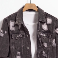 Veste en jean noir brodée effet vieilli pour homme, col à revers, design à poches, respirante, lavable, écologique, polyester/coton