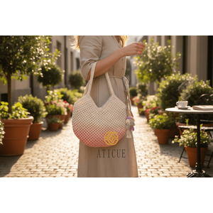 Bolso de macramé estilo ombre, blanco y rosa, de algodón, hecho a mano, estilo bohemio, elegante, para llevar en la mano o al hombro, con dos borlas, para mujer, 13x13 pulgadas. - Product Image 1
